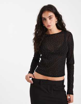 ASOS DESIGN textured mesh hotfix long sleeve top in black