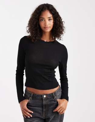 Asos Design Textured Mesh Long Sleeve Top With Side Ruching Detail In Black