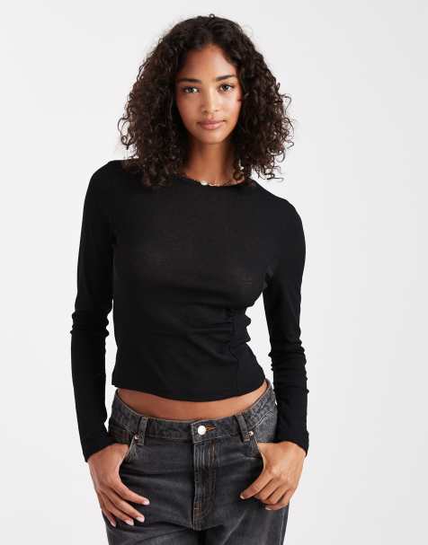 ASOS DESIGN textured mesh long sleeve top with side ruching detail in black - view 1