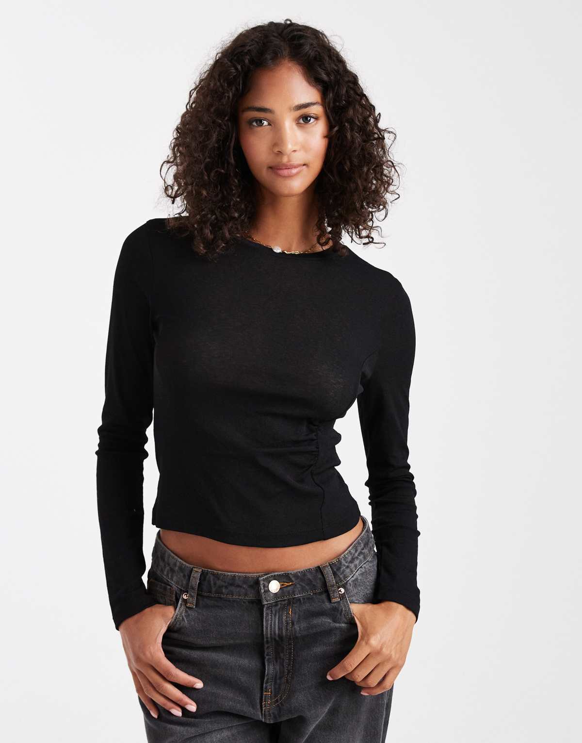 ASOS DESIGN textured mesh long sleeve top with side ruching detail in black