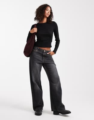 Asos Design Textured Mesh Long Sleeve Top With Side Ruching Detail In Black