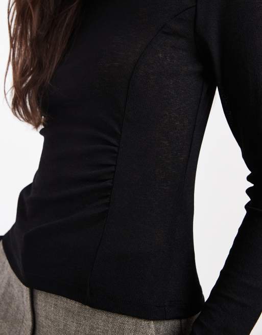 ASOS DESIGN textured mesh long sleeve top with side ruching detail in black, 2 of 4