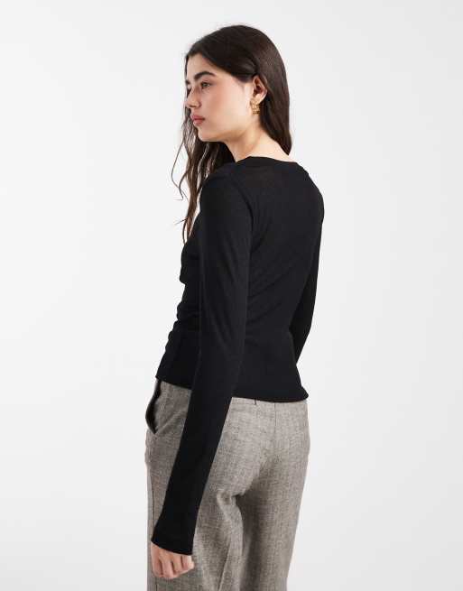 ASOS DESIGN textured mesh long sleeve top with side ruching detail in black, 4 of 4