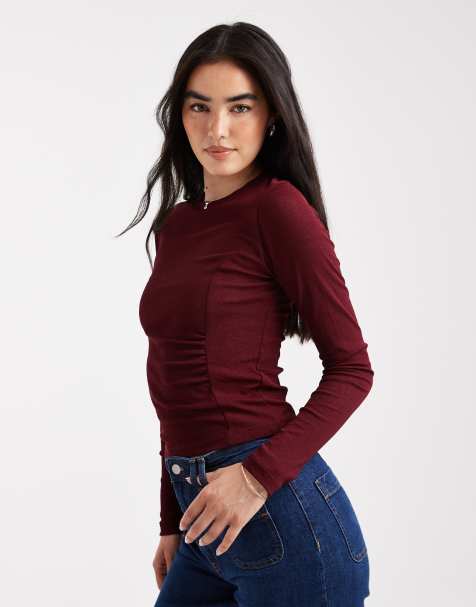 ASOS DESIGN textured mesh long sleeve top with side ruching detail in dark berry