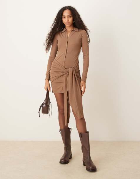 ASOS DESIGN textured mesh mini shirt dress with wrap tie waist in mocha - view 1