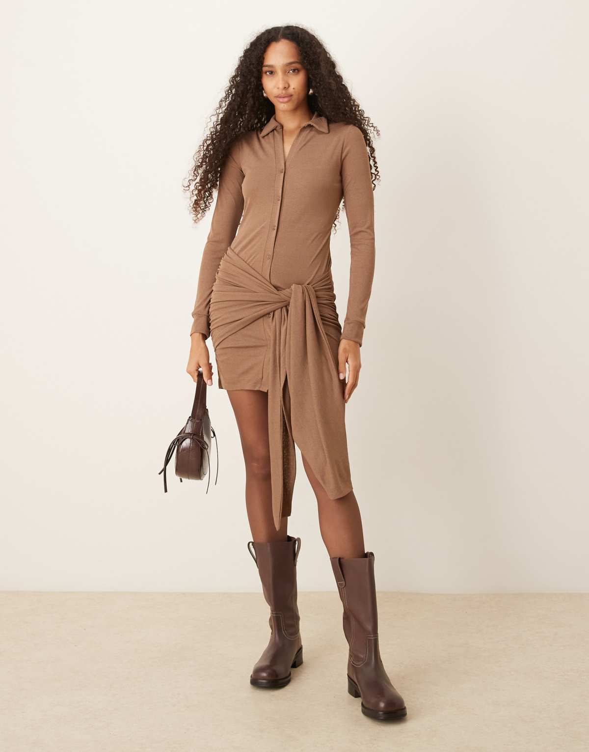 ASOS DESIGN textured mesh mini shirt dress with wrap tie waist in mocha
