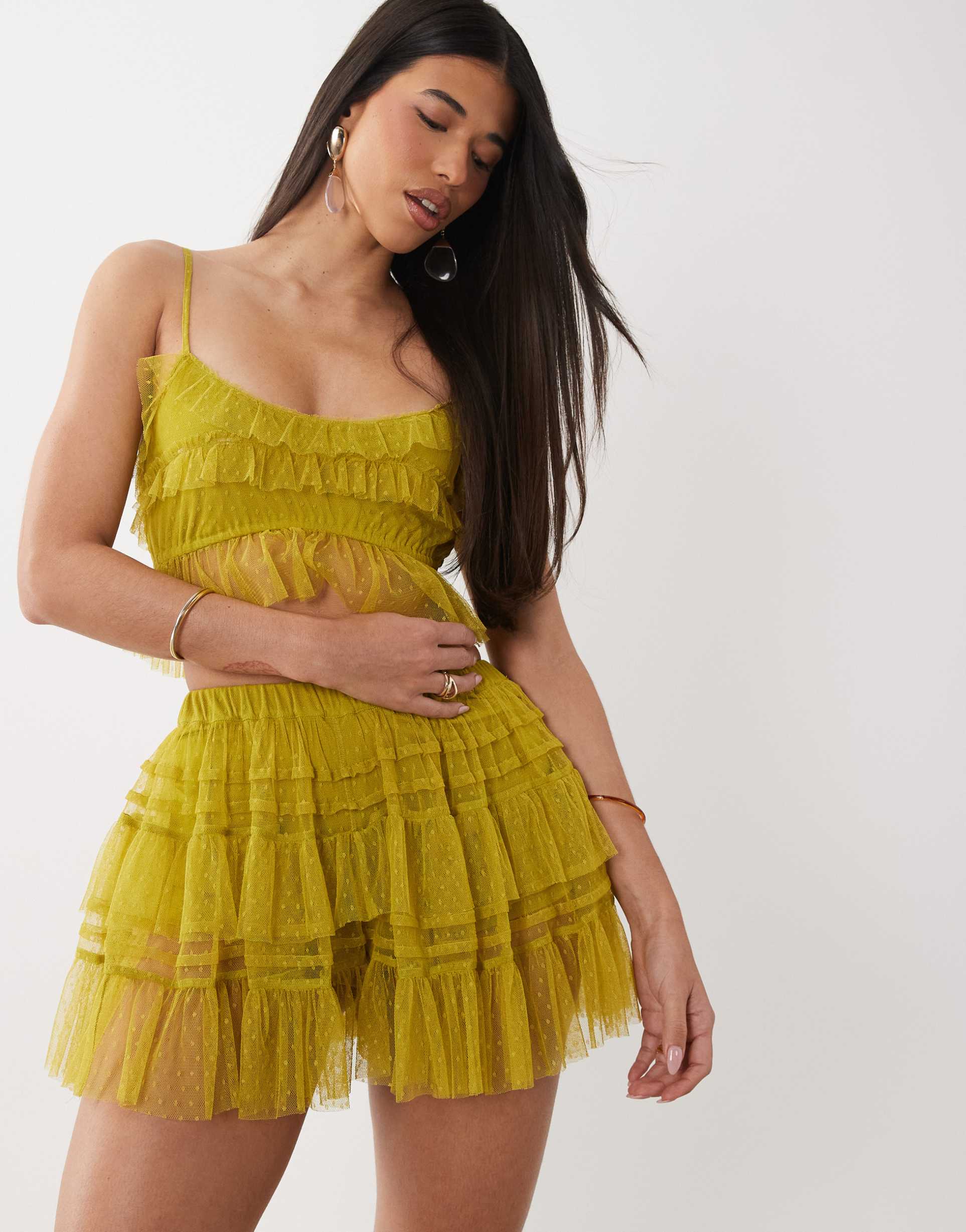 asos design textured mesh semi sheer ruffle mini skirt in lime