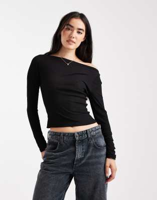Asos Design Textured Mesh Slash Neck Long Sleeve Top In Black