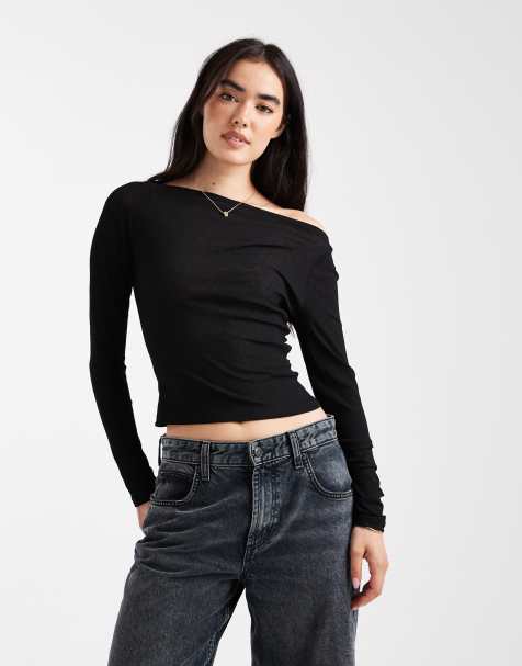 ASOS DESIGN textured mesh slash neck long sleeve top in black