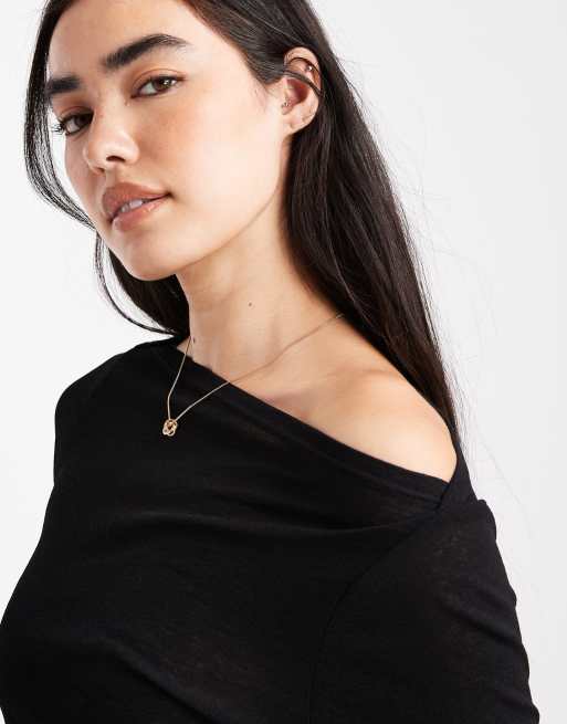 ASOS DESIGN textured mesh slash neck long sleeve top in black