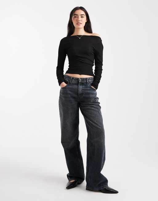 ASOS DESIGN textured mesh slash neck long sleeve top in black, 3 of 4
