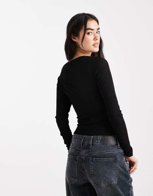 ASOS DESIGN textured mesh slash neck long sleeve top in black