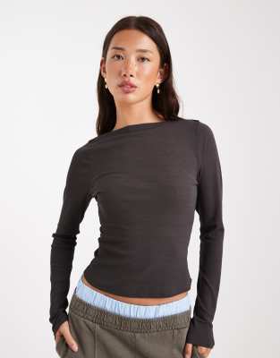 Asos Design Textured Mesh Slash Neck Long Sleeve Top In Gray