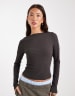 ASOS DESIGN textured mesh slash neck long sleeve top in charcoal