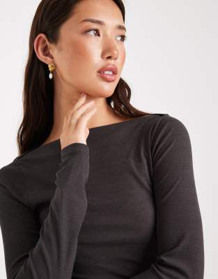 Asos Design Textured Mesh Slash Neck Long Sleeve Top In Gray