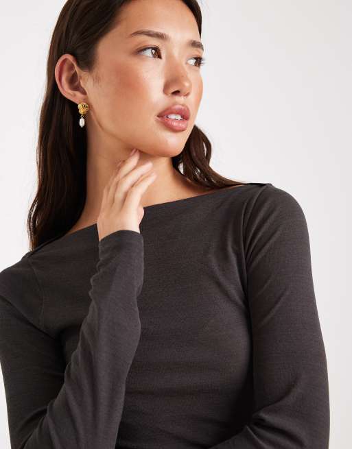 ASOS DESIGN textured mesh slash neck long sleeve top in charcoal, 2 of 4
