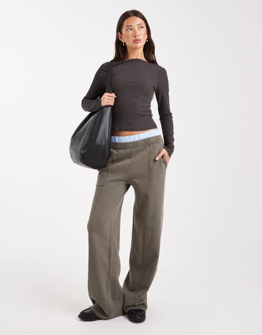 ASOS DESIGN textured mesh slash neck long sleeve top in charcoal, 3 of 4