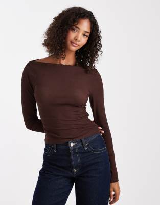 Asos Design Textured Mesh Slash Neck Long Sleeve Top In Brown