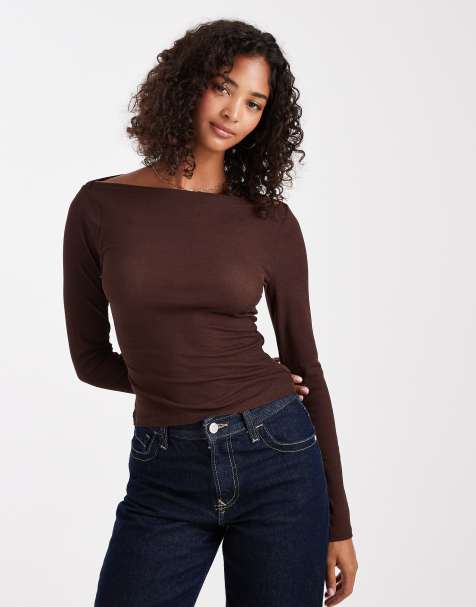 ASOS DESIGN textured mesh slash neck long sleeve top in chocolate - view 1