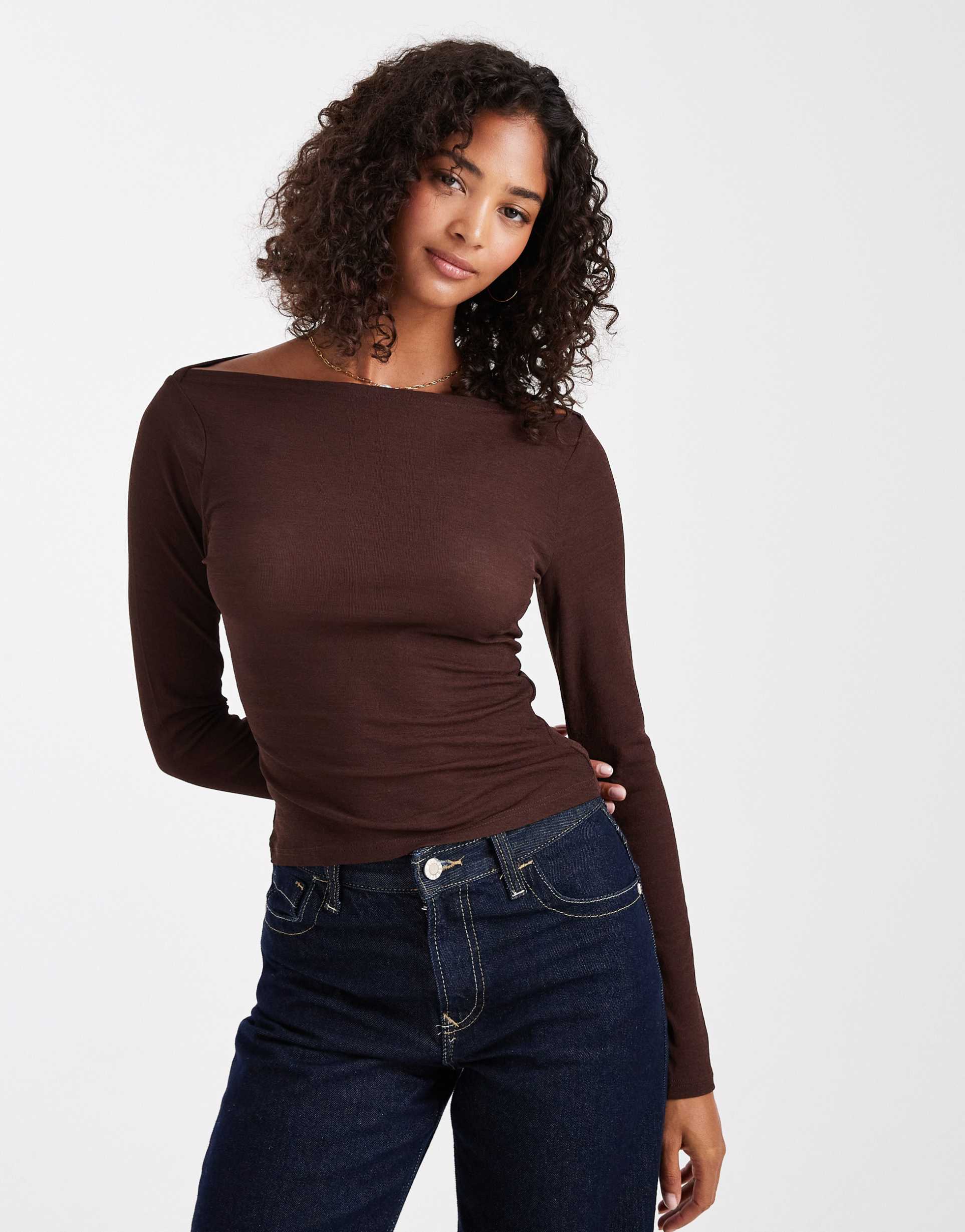 asos design textured mesh slash neck long sleeve top in chocolate