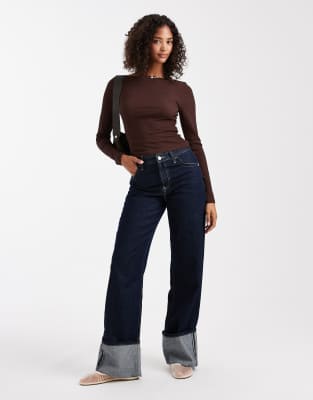 Asos Design Textured Mesh Slash Neck Long Sleeve Top In Brown