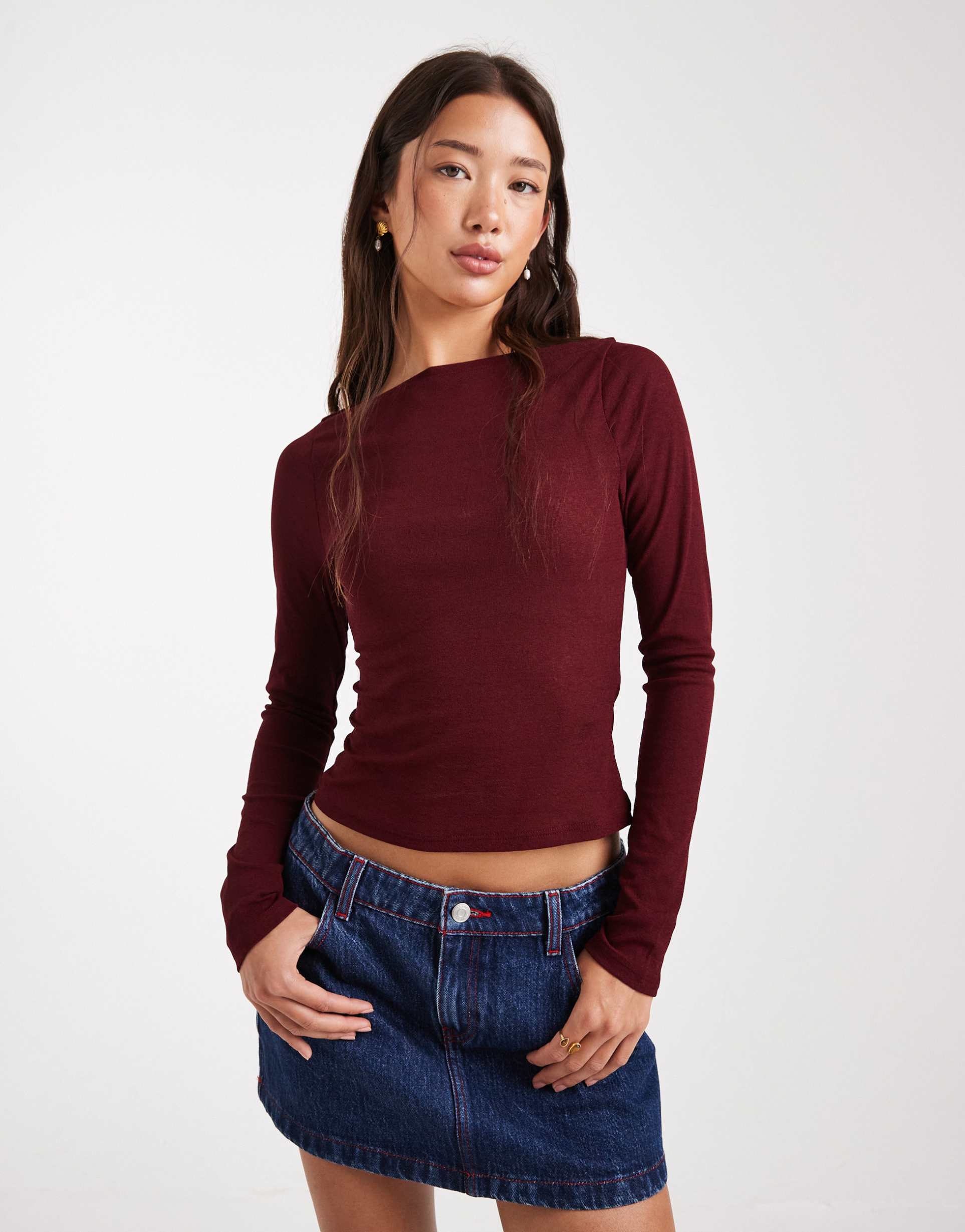 asos design textured mesh slash neck long sleeve top in dark berry