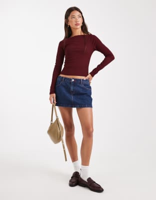 Asos Design Textured Mesh Slash Neck Long Sleeve Top In Burgundy