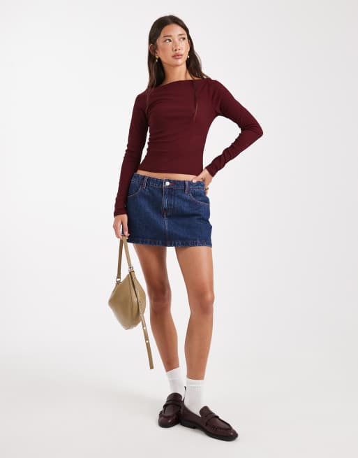 ASOS DESIGN textured mesh slash neck long sleeve top in dark berry