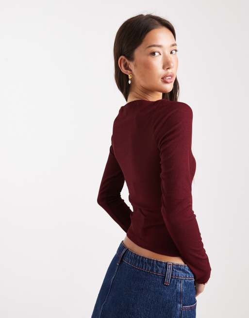 ASOS DESIGN textured mesh slash neck long sleeve top in dark berry