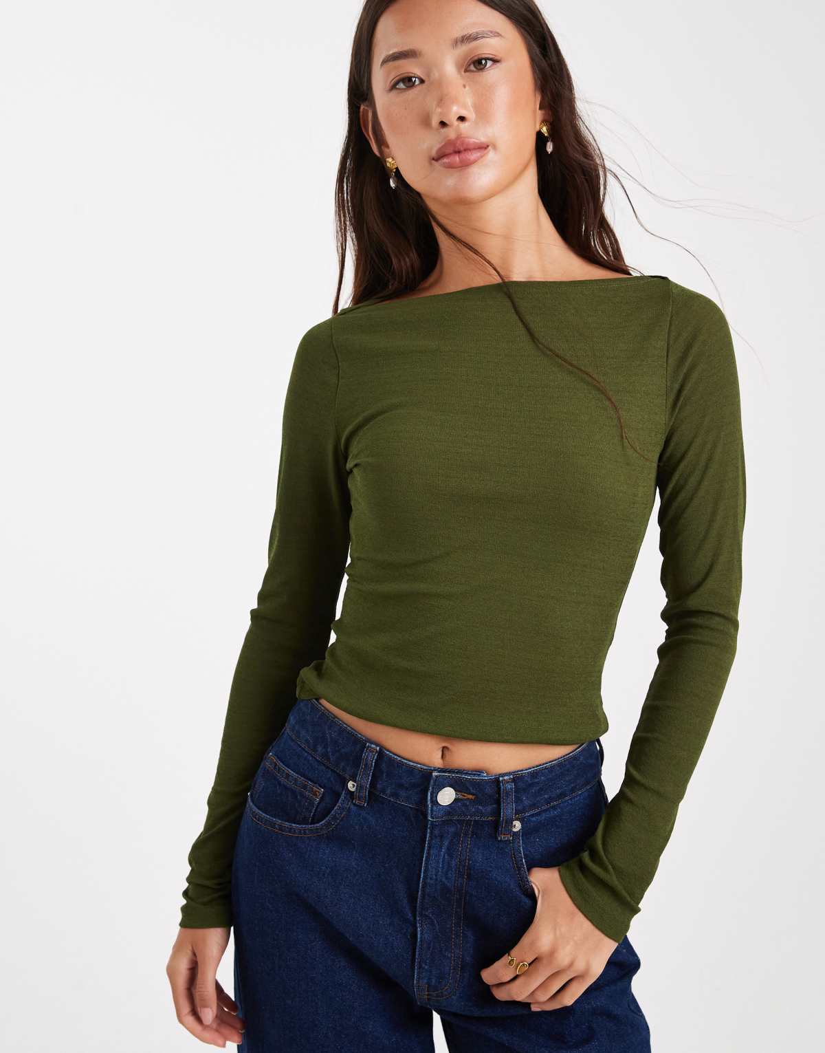 ASOS DESIGN textured mesh slash neck long sleeve top in dark olive