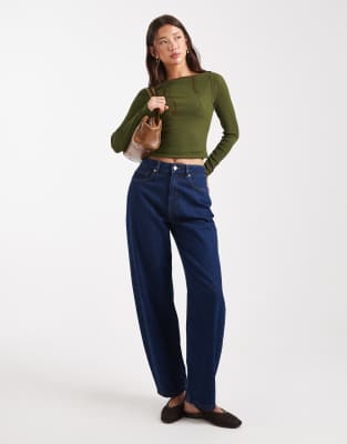 Asos Design Textured Mesh Slash Neck Long Sleeve Top In Green