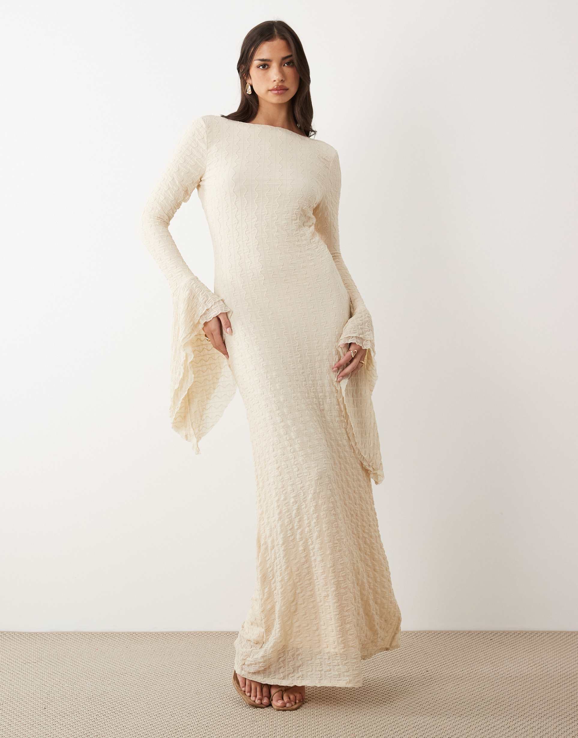 asos design textured mesh slash neck maxi dress with extreme ruffle sleeves in cream