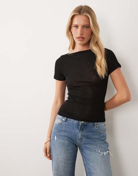 ASOS DESIGN textured mesh slash neck short sleeve top in black - view 1