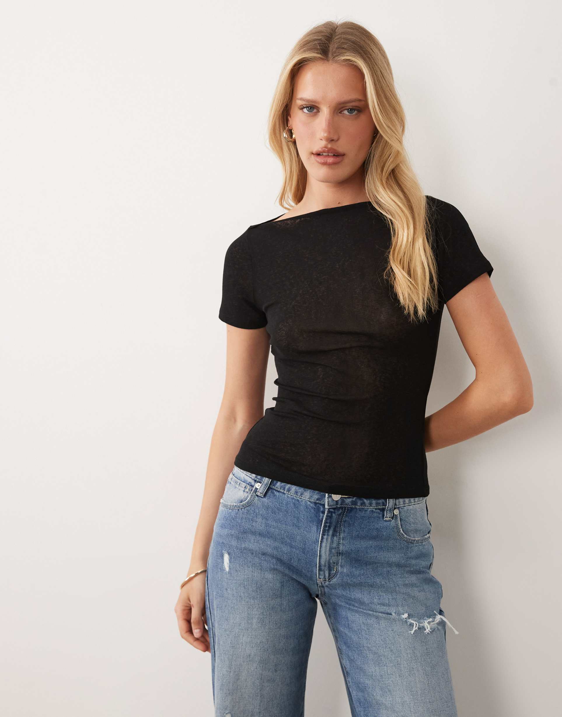asos design textured mesh slash neck short sleeve top in black
