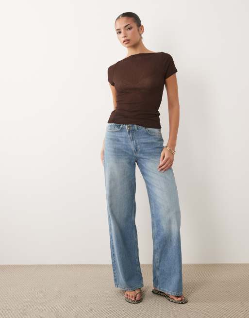 ASOS DESIGN textured mesh slash neck short sleeve top in brown, 3 of 4