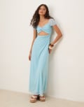 [ASOS DESIGN] ASOS DESIGN textured mesh twist front puff sleeve midi dress in blue S BLUE