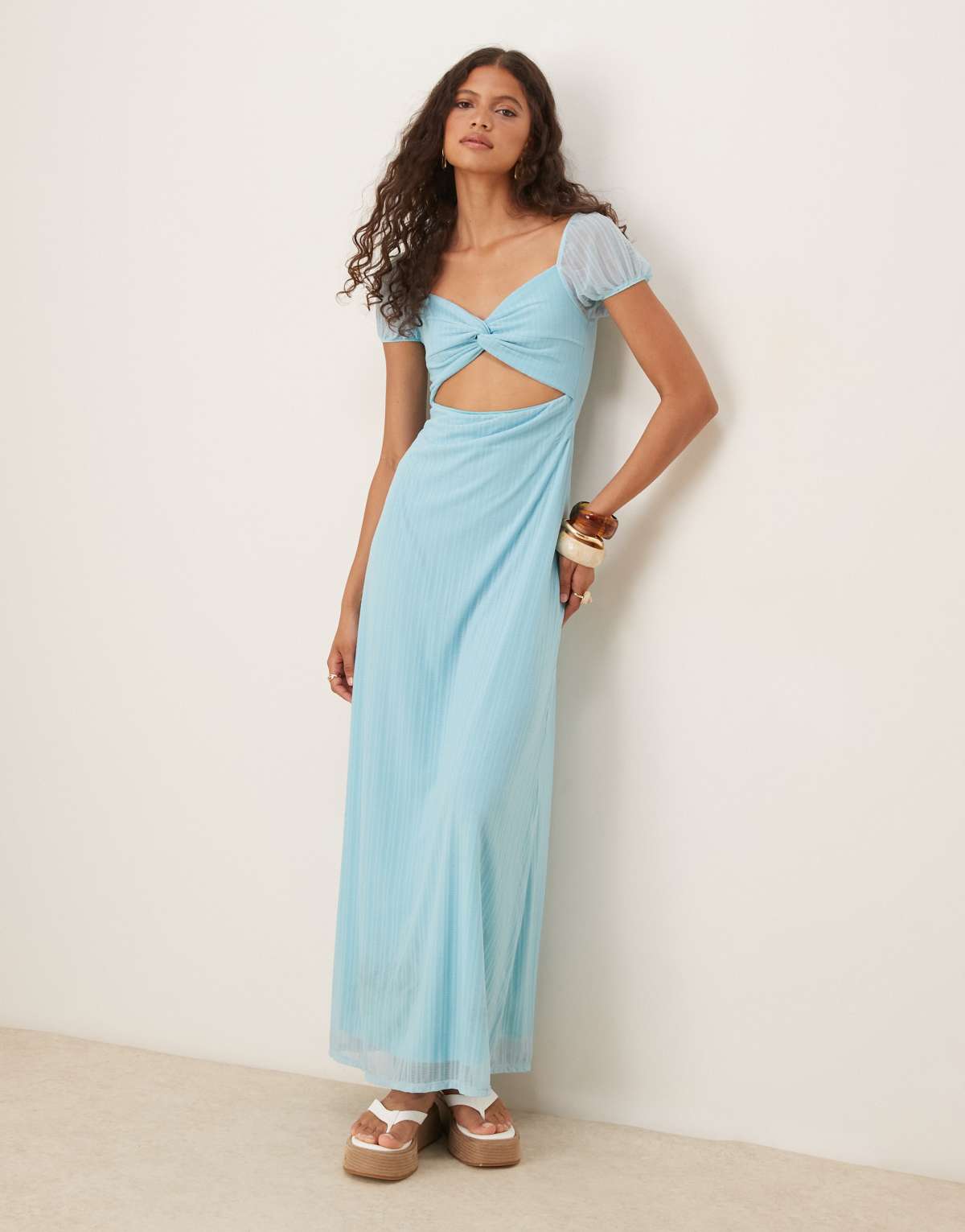 ASOS DESIGN textured mesh twist front puff sleeve midi dress in blue