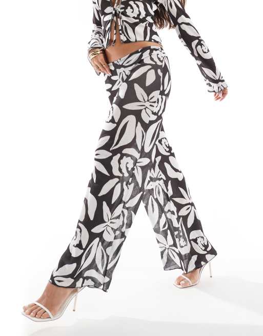 ASOS DESIGN textured mesh wide leg pants in black mono oversized floral (part of a set), 3 of 5