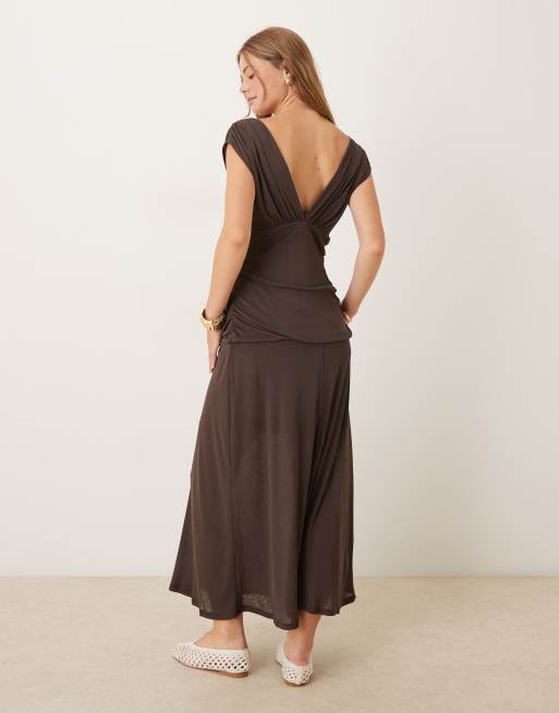 ASOS DESIGN textured mesh sleeveless deep V ruched waist maxi dress in chocolate