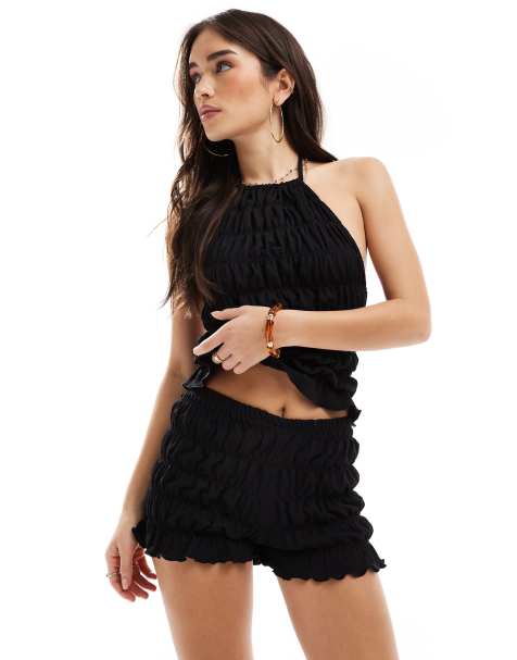ASOS DESIGN textured micro ruffle shirred hot pants in black - view 1