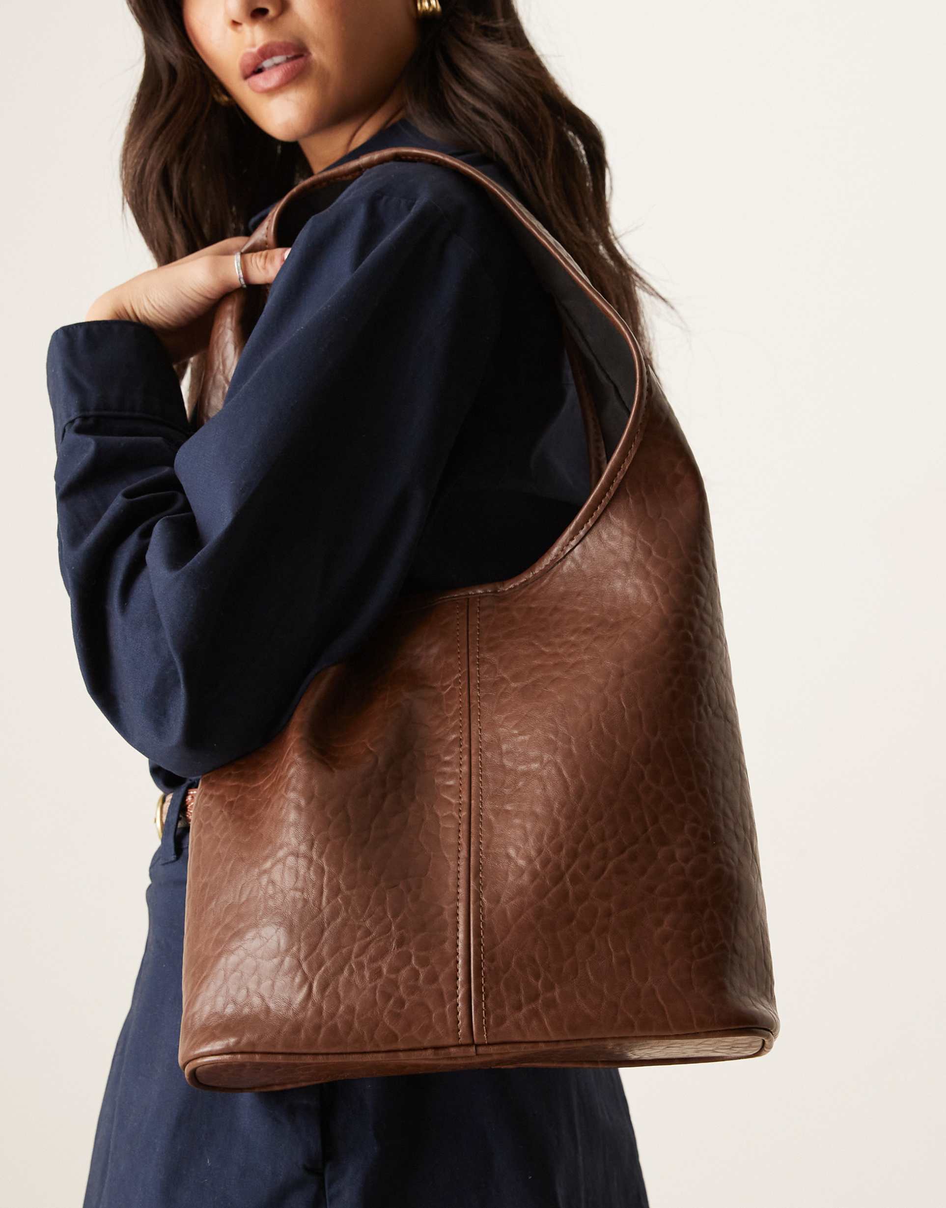 asos design textured mid tote bag in chocolate