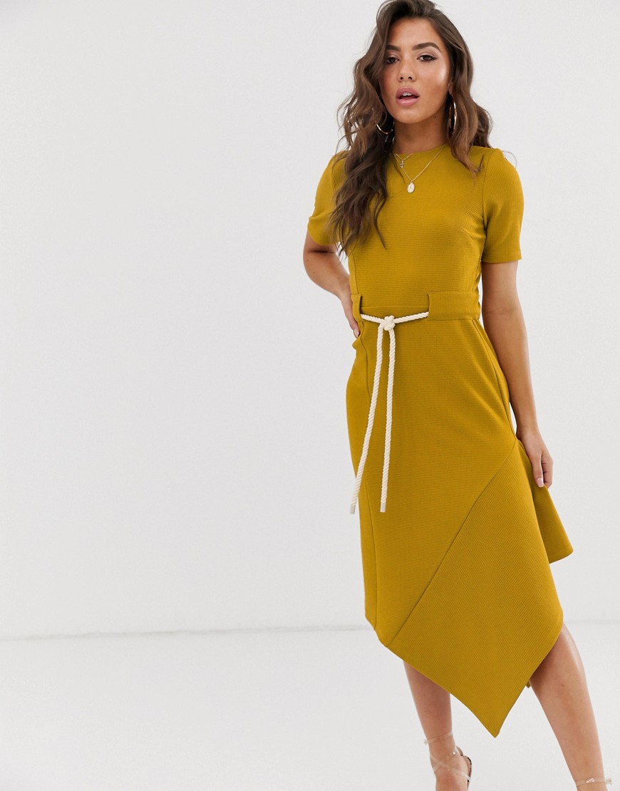 ASOS DESIGN textured midi dress with asymmetric hem and rope belt-Yellow