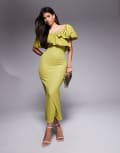 [ASOS DESIGN] ASOS DESIGN textured midi dress with contrast fabric ruffle in lime-Green 16 Lime