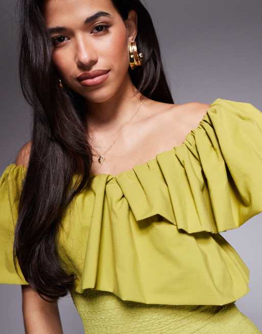 ASOS DESIGN textured midi dress with contrast fabric ruffle in lime, 3 of 4