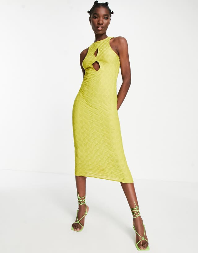 ASOS DESIGN textured midi dress with front cut outs in lime green