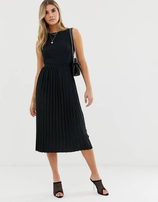 ASOS DESIGN textured midi dress with pleated skirt in black