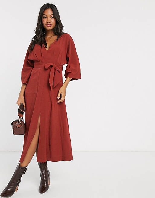 ASOS DESIGN textured midi dress with pockets in rust | ASOS