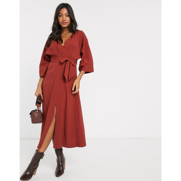 ASOS DESIGN textured midi dress with pockets in rust