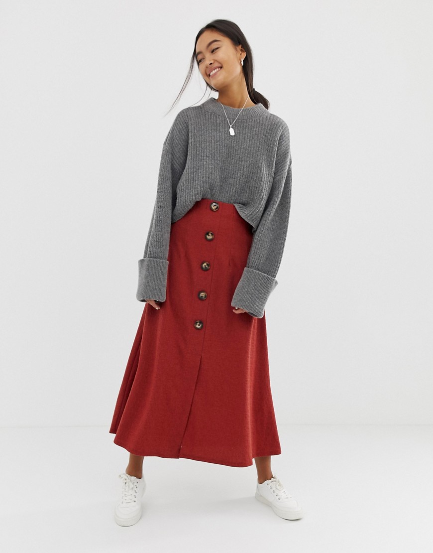 ASOS DESIGN textured midi skirt with button front