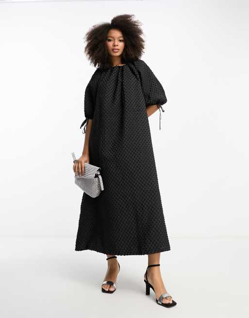 FhyzicsShops DESIGN textured midi smock dress with gathered neck in black